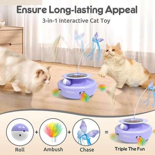 ORSDA Cat Toy, 3-in-1 Automatic Interactive Electronic Moving Ambush Feather, Fluttering Butterfly, Track Balls, USB Rechargeable Powered Smart Indoor Exercise Kicker