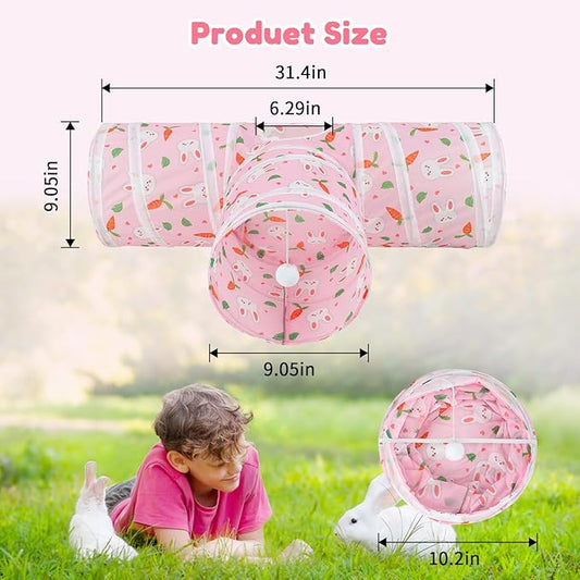 BWOGUE Bunny Tunnels & Tubes Collapsible 3 Way Bunny Hideout Small Animal Activity Tunnel Toys for Dwarf Rabbits Guinea Pigs Kitty