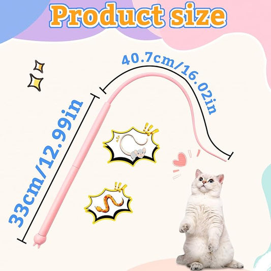 Andiker Mice Tail Cat Wand Toy, 30 inches Long Cat Teaser Stick with Innovative Silicone Rat Tail Easy to Install and Clean Soft Easy Swing Tail Interactive Cat Toys for Indoor Cats (Pink)