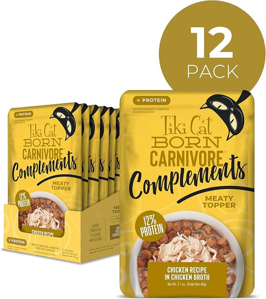 Tiki Cat Born Carnivore Complements Wet Cat Food Topper, High Protein & Limited Ingredient, Chicken, 2.1 oz. Pouch (12 Count)