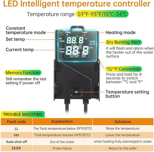 hygger Aquarium Heater with Intelligent Temperature Controller, 200W for 27-53 Gallon Submersible Fish Tank Heater with Leaving Water Automatically Stop Heating System, for Freshwater Saltwater