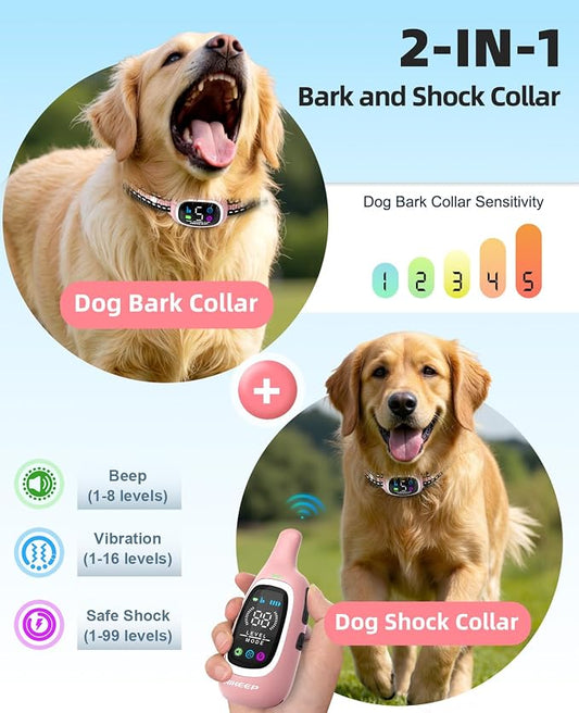 2-in-1 Dog Shock Collar and Bark Collar for Dogs – 3300FT Dog Training Collar with Remote, IP67 Waterproof e Collar with Anti-Bark/Beep/Vibration/Shock Modes for Small Medium Large Dog(8-120Lbs)