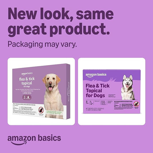 Amazon Basics Flea and Tick Topical Treatment and Prevention for Large Dogs (45-88 lbs), Fast Acting and Long Lasting, 3 Count, Packaging May Vary