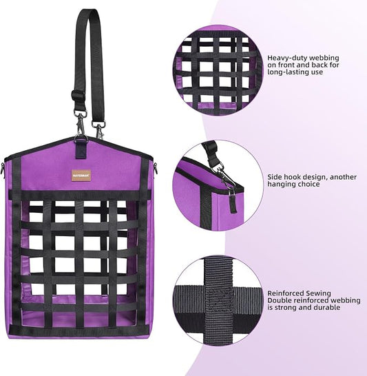 Innovative Hay Bags for Horses, Goat Hay Feeder with Reinforced Oxford Fabric and High Strength Metal Clasp,Horse Feeding Supplies with Adjustable Strap for Easy Hanging (Purple-1pack)
