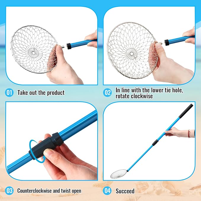 Roshtia 4 Pcs Beach Sand Sifter Set, Adjustable Long Handle Shell Scoop, Shark Tooth Sifter Mesh Shovel for Family Seashell Collecting, Sea Glass Hunting and Beach Treasure Fun