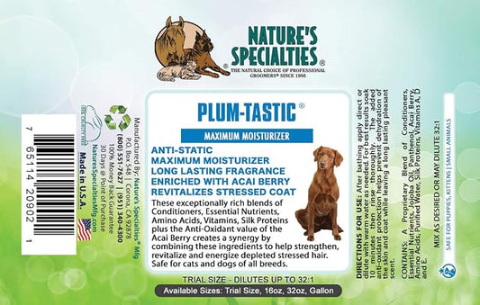 Nature's Specialties Plum-Tastic Ultra Concentrated Dog Conditioner for Pets, Makes up to 32 Gallons, Natural Choice for Professional Groomers, Maximum Moisture, Made in USA, 1 gal