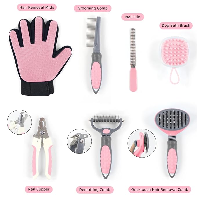 Wisedog Dog Grooming Kit, Upgraded Pink, 7PCS | Cat Nail Clipper with Nail File, Dematting Comb for Dogs, Flea Comb, Bath Brush, Hair Removal Mitts