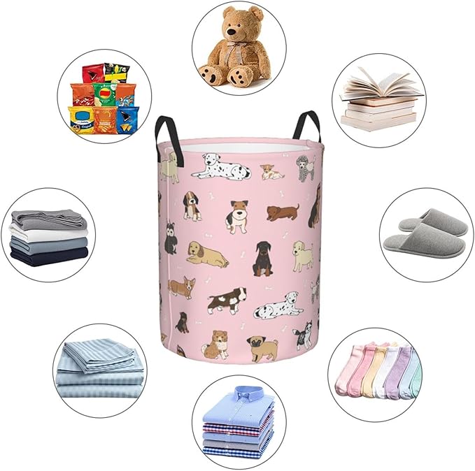 Cute Dog Pink Round Laundry Hamper Storage Basket Toys Clothes Organizer Bin For Home Bathroom Bedroom Dorm Nursery, 62l