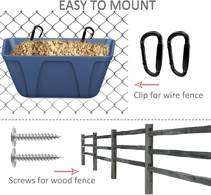 mozoba Hanging Chicken Feeder Trough for Goat Sheep Deer Poultry Duck Chicken Fence Feeder Livestock Feeding Container Goats Supplies Feeders Waterer Bucket (Black and Blue)