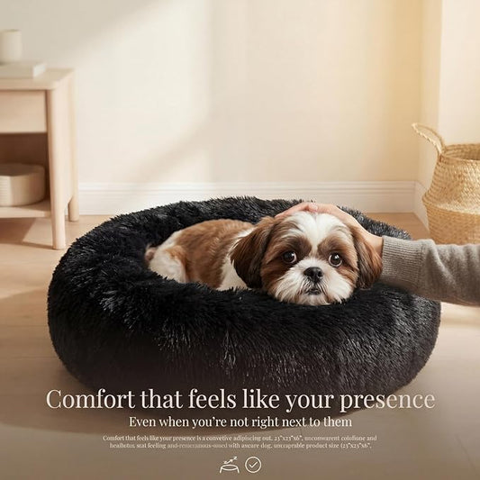Calming Donut Dogs Beds for Small Dogs Washable,23inch Plush Round Pet Bed for Cozy Sleep,Fluffy Faux Fur Large Cat Bed,Fits up to 25 lbs Pets,Black