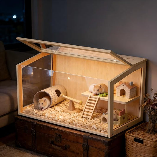Hamster Cage: Wooden Small Animal Cage with Warm Light - 32Inch Large Clear Hamster House Chewy Proof with Openable Breathable Top