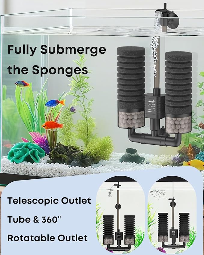 Pawfly Aquarium Sponge Filter, 5 W Submersible Small Aquarium Filter, 80 GPH Fish Tank Filter with Water Pump, Ceramic Balls & Double Foams, Quiet Bio Sponge Filter for 15-55 Gallon Tanks