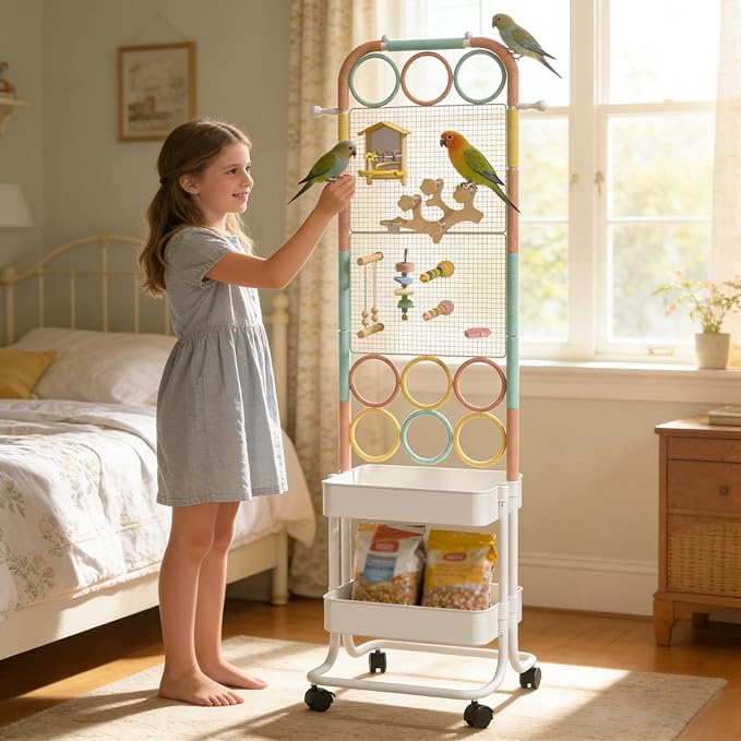 Large Bird Playground, Parrot Perch Stand with Toys DIY Zone, Wheels, Toilet, Storage Space, Bird Stands for Inside Play Gym Stand for Parakeet Conure Cockatiel Lovebird Budgie African Greys