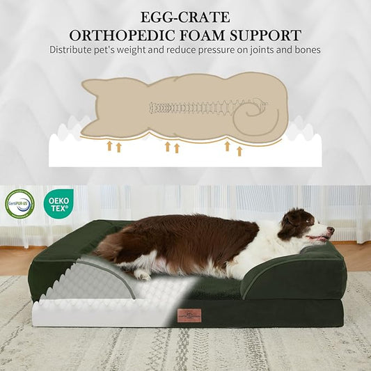 Comfort Expression Orthopedic Dog Bed for Medium Dogs 30x20 Inch, Waterproof Egg Crate Foam Medium Pet Bed with Removable Bolsters, Dog Couch with Washable Cover & Non-Slip Bottom, Olive Green