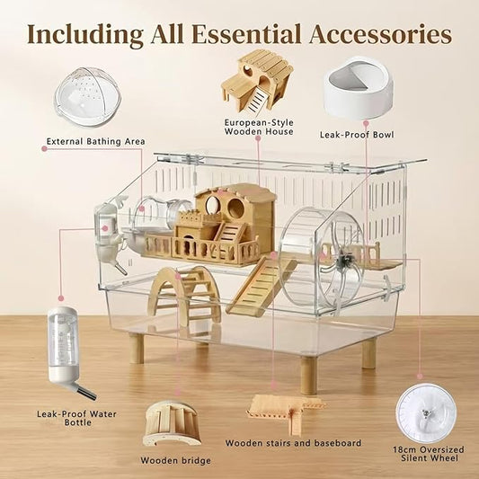 Clear Acrylic Hamster Cage - Easy to Clean All-in-One Habitat for Dwarf Hamsters, Mice and Gerbils, Includes 18cm Silent Wheel & Full Accessories, 18.5" x 11.8" x 14.6"