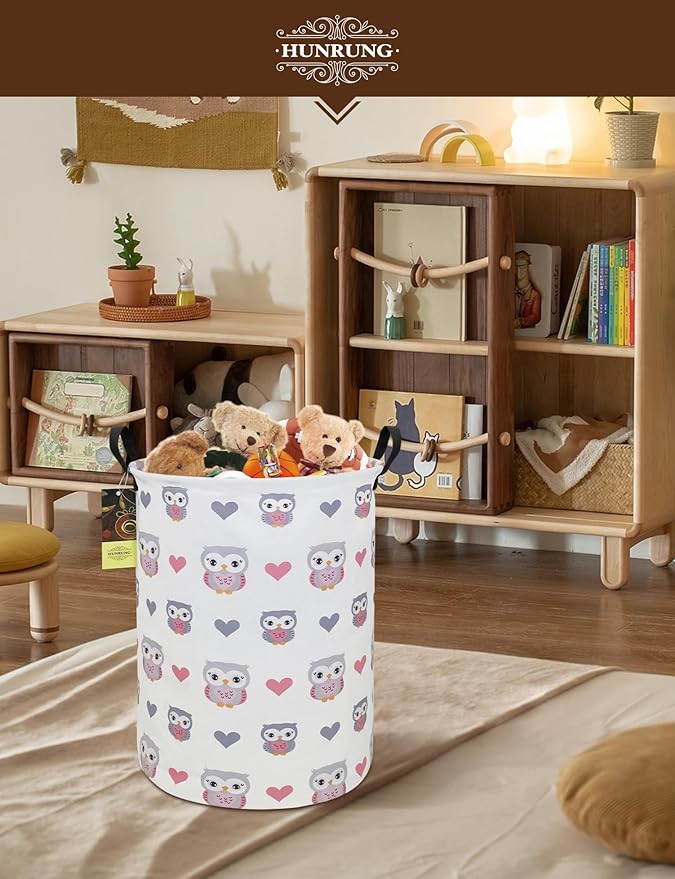 Collapsible Fabric Storage Basket, Waterproof Laundry Hamper with Handles, Round Storage Bin for Clothes Toys, Foldable Organizer for Bedroom Nursery Bathroom(Round-Love Owl)