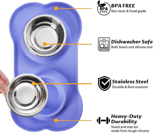 Hubulk Pet Dog Bowls 2 Stainless Steel Dog Bowl with No Spill Non-Skid Silicone Mat + Pet Food Scoop Water and Food Feeder Bowls for Feeding Small Medium Large Dogs Cats Puppies (X- Large, Purple)…