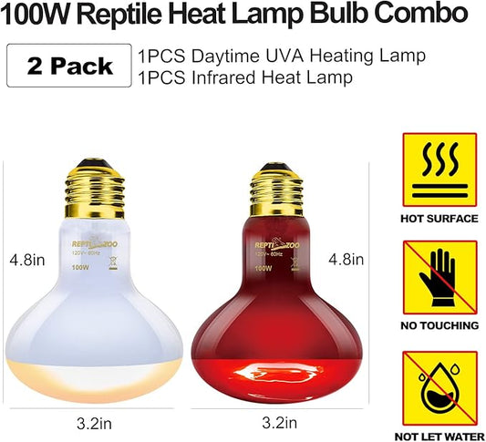 REPTI ZOO 100W Reptile Heat Lamp Bulbs Combo, Upgraded 2 Pack Day & Night Basking Spot Light, UVA Daylight Heating Lamp & Infrared Heat Lamp for Reptiles & Amphibians