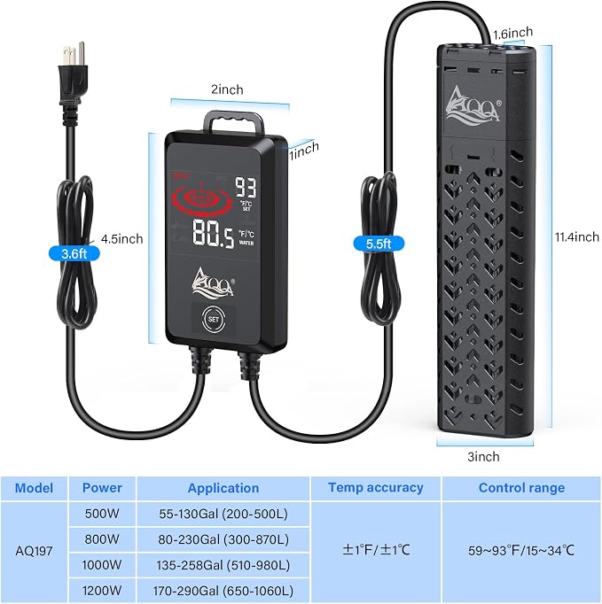AQQA Fish Tank Heater 1000W for Aquarium 135-258 Gallon Quartz Glass Betta Fish Submersible Heater Thermostat with Intelligent Controller for Freshwater and Saltwater (AQ197-1000W for 135-258Gal)