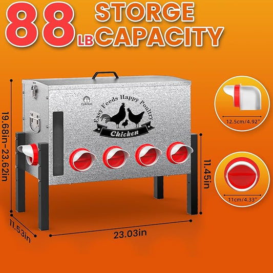 16gal Large Automatic Chicken Feeder - 10 Port No Waste Poultry Feeder, Rust-Proof Alloy Steel with Locking Lid & Adjustable Legs for Chickens, Ducks, Geese, Poultry