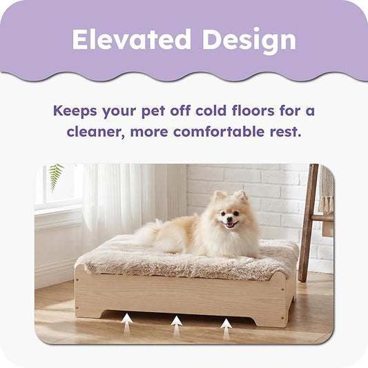 Elevated Wooden Dog Bed with Supportive Cushion & Washable Cover, Sturdy Noise-Free Frame, Modern Furniture-Style Design for Indoor Living Spaces, L Size for Medium to Large Dogs, Natural Wood Finish