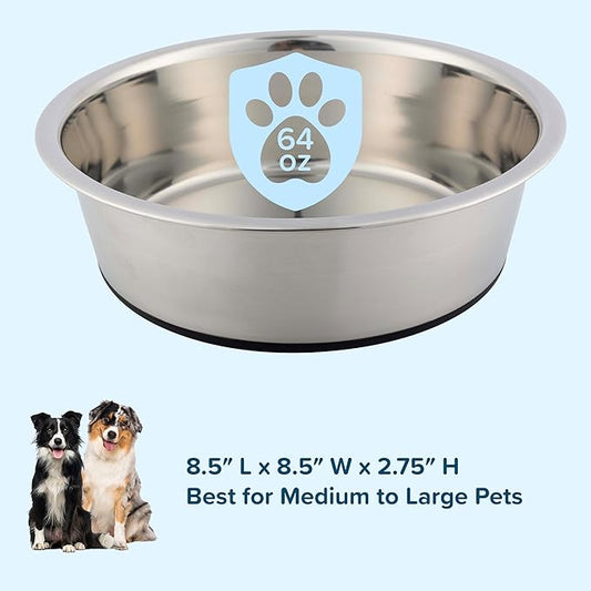 Set of 2 Stainless Steel Dog Bowls - 64oz/8 Cups Food and Water Bowls for Dogs and Cats - Non Slip Metal Pet Dishes for Medium to Large Sized Pets - Puppy Essentials by PETMAKER