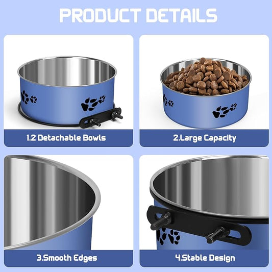 2 Pack Kennel Bowls Mountable Stainless Steel Crate Bowls for Dogs No Spill Hanging Kennel Water Feeder with Clamp Holder 2 Sizes(7.08x2.83’’,6.3x2.63’) (Blue)