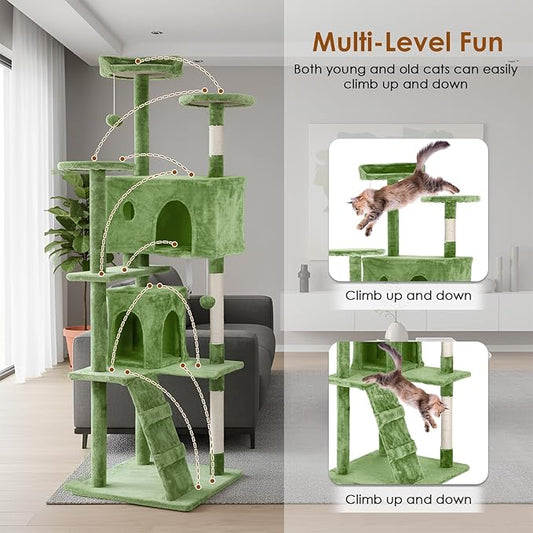PayLessHere Cat Tree 70in Cat Tower with Cat Scratching Post,Multi-Level Cat Condo Stand House Furniture Kitty Activity Center with Furry Ball Toys Cat Tree for Indoor Cats,Green