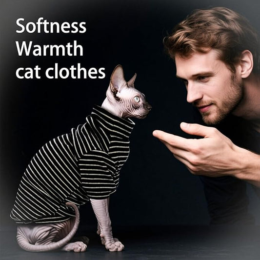 Fleece Sphynx Cat Clothes Soft Hairless Cat Clothes Pullover Cat Sweater for Chihuahua All Season Light and Warm Kitten Cloth for Cats Only Puppy Clothes Small Dog Sweater (B-Striped, M)