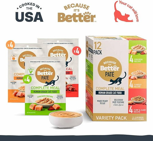Because It’s Better Pate Complete Meal - Wet Cat Food - Variety Pack - Ocean, Turkey & Chicken Flavors - Organic, Balanced, Smooth Pate Texture, Human-Grade Ingredients, 2.6 oz Pouches (12 Count)
