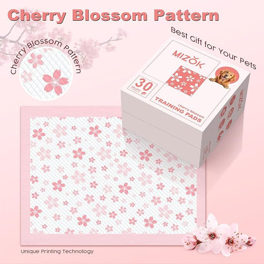 MIZOK Dog Pee Pads Extra Large 28"x34", Potty Pads for Big Dog Breeds, Super Absorbent & Leak-Proof, Pink Cherry Blossom Prints, Thick & Heavy, 4-Corner Adhesive Tabs, XL (30 Counts)
