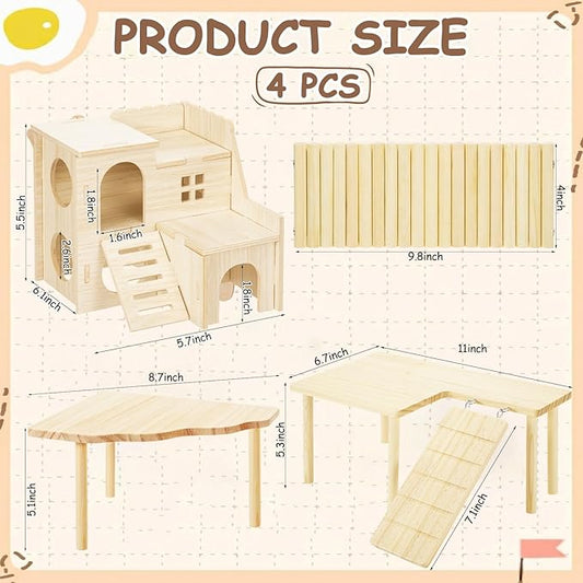 BreezeHug 4 Pcs Hamster Platform Hideout Wooden Tunnel Ladder Playhouse Hamster Game Climbing Toy with Platform Cage Accessories for Pets Dwarf Syrian Mice Degus Gerbils Squirrel(Loft)