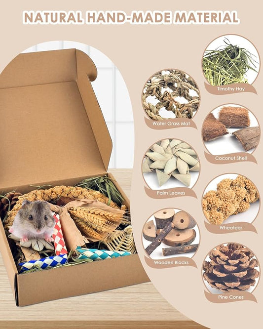 Bissap Rabbit Chew Toy, Natural Bunny Treats Snacks with Timothy Hay Water Grass Mat Coconut Husk Box for Guinea Pigs Chinchillas Hamsters Gerbils and Other Small Pets Teeth Grinding