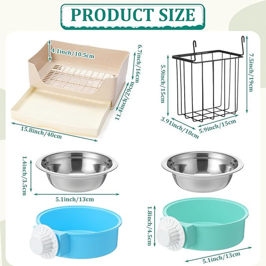 Leinuosen 4 Pcs 4 in 1 Rabbit Hay Feeder with Litter Box 2 Hanging Bowl,Rabbit Litter Box Metal Hay Rack Bunny Guinea Pig Hays Holder Bunny Bedding Toilet for Guinea Pig Chinchilla Other Small Animal