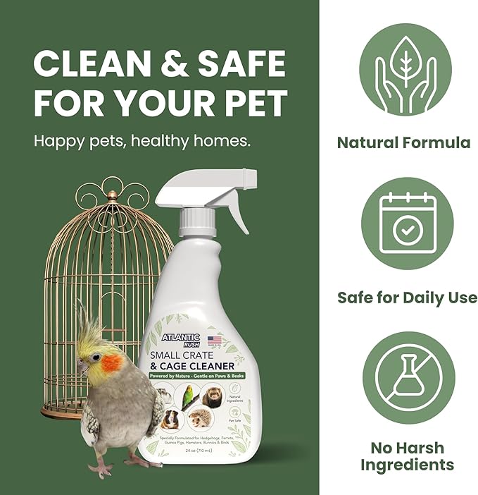 Atlantic Rush Small Animal Cage Cleaner Spray- 24oz Bottle Cage and Crate Cleaner for Guinea Pig, Hamster, Rabbit, Ferret, & Birds- Cage Cleaning Supplies Odor Eliminator (2)