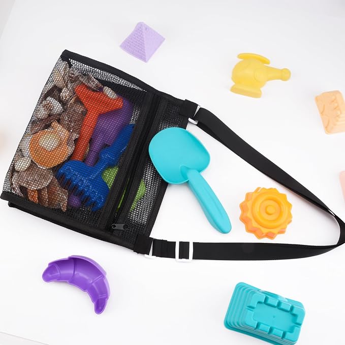 MUYIZI Beach Mesh Shovel with Mesh Beach Bag for Shell Collecting, Kids Sand Sifter for The Beaches,Shell Scooper for Beaches,Shark Tooth Sifter Dipper,Sea Shell Bags for Kids (Sapphire Blue+Black)