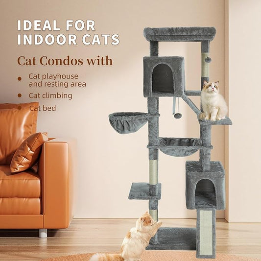 68.9-inch (175cm) Multi-Level Cat Tree with 2 Scratching Boards, 2 Plush Beds, Hammock & Toy Ball for Indoor Cats(Grey)