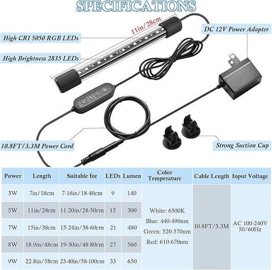 FEDOUR 11in Submersible Aquarium LED Light, 24/7 Mode Aquarium Lights with Full Spectrum RGBW LEDs, IP68 Waterproof Fish Tank Light with Dimming, Timming and Color Adjustable
