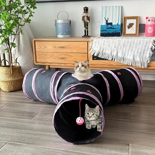 3-Way Collapsible Cat Tunnel Tube Toy Black Pink Paws — Interactive Play Tunnel with Hanging Ball & Peek Hole for Indoor Cats, Kittens, Puppies & Rabbits | Hours of Fun & Exercise