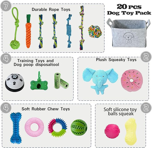 MRSOHRET 20Pcs Puppy Chew Toys for Teething, Dog Chew Toys with Rope Toys, Pet Dog Toothbrush, Treat Balls, Plush Toys and Squeaky Toy for Small Medium Dogs with Basket (20 Pack Elephant)