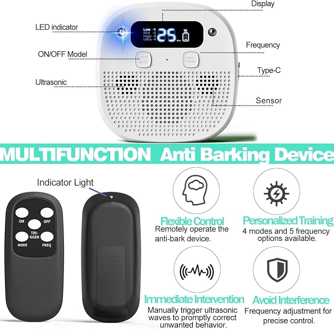 Dog Barking Control Devices, Anti Barking Device for Dogs with Remote Control, Ultrasonic & Sensor Technology, Rechargeable, Adjustable Modes & Frequencies, Bark Box Indoor Outdoor (Ivory)