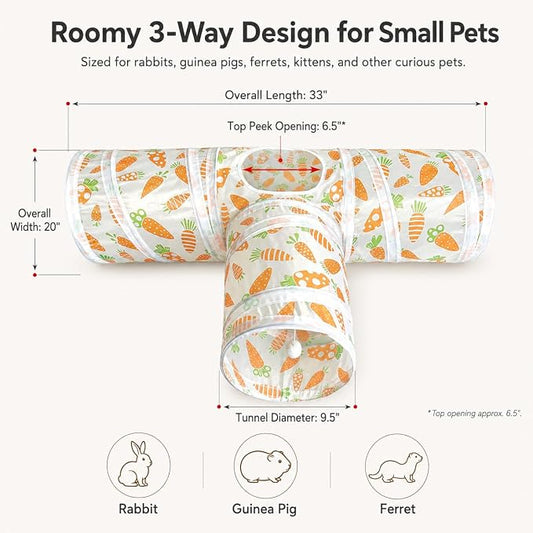 Rabbit Tunnel Toy, Collapsible 3-Way Hideout Tunnel with Chew Toys for Rabbits, Guinea Pigs, Ferrets, Kittens & Small Pets - Orange & White Carrot Design (33"x20"x9.5")