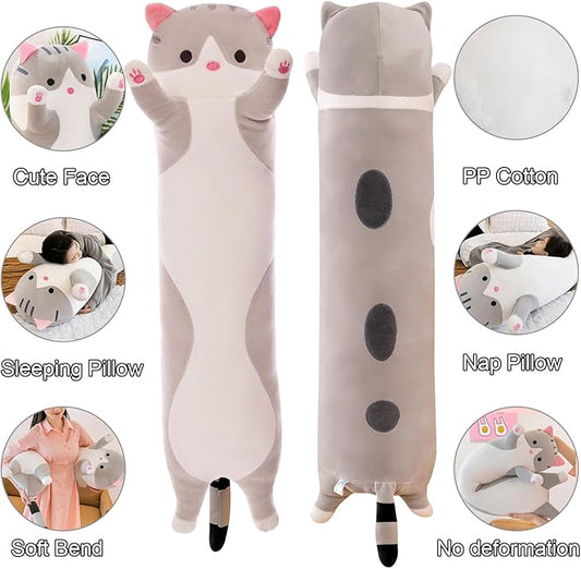 Giant Cat Pillow Plush Cartoon Kitty Sleeping Hugging Pillow, Cuddly Soft Long Kitten Body Pillow Doll Cat Cushion Toy for Kids Girlfriend (Gray, 110cm/43.3inch)
