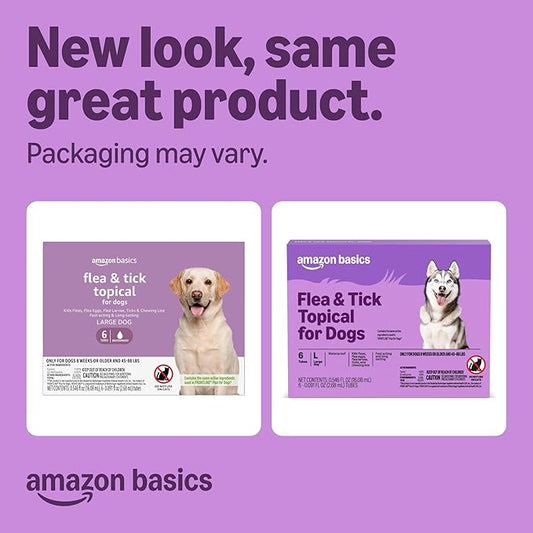 Amazon Basics Flea and Tick Topical Treatment and Prevention for Large Dogs (45-88 lbs), Fast Acting and Long Lasting, Tick Prevention, 6 Count, Packaging May Vary