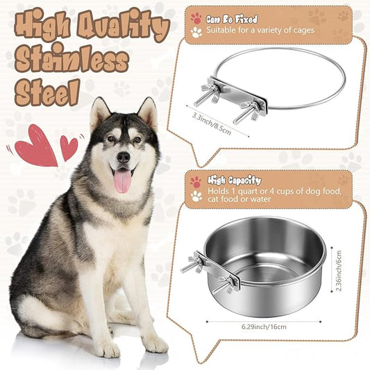 Zopeal 4 Pcs Stainless Steel Dog Bowls for Kennel Hanging 1 Quart Dog Feeder Crate Water Bowl Cage No Spill Puppy Bowls Pet Food Holder for Large and Medium Dogs Guinea Pig Rabbit Chicken Coop Cup