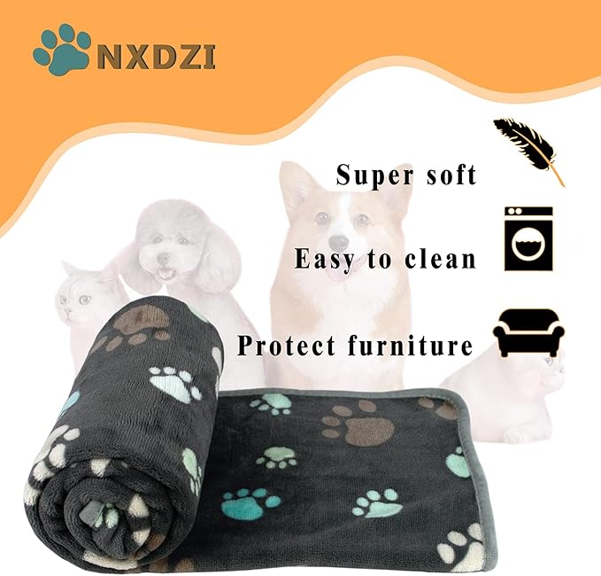 Dog Blankets for Medium Large Dogs, 3 Pack Washable Pet Blankets 41" x 31", Fuzzy Soft Pet Mat Throw Cover for Kennel Crate Bed, Cute Grey Paw Pattern, Soft Cat Dog Blanket