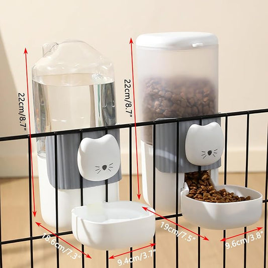 Automatic Rabbit Feeder and Water Dispenser Set,54oz Gravity Food Feeder&17oz Leak-Proof Water Bottle for Guinea Pigs,Small Animals,Chinchillas,Ferrets,Cage Mount Feeding Station(Cat Head)