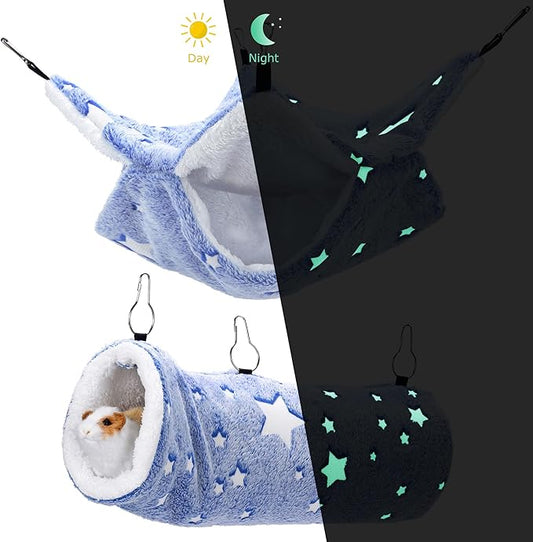 Mogoko Noctilucent Luminous Guinea Pig Rat Hammock Bunkbed Hanging Tunnel and Soft Bed Mat for Ferret Hedgehog Squirrel Hideout Cage Accessories (Tunnel and Bunkbed Hammock)