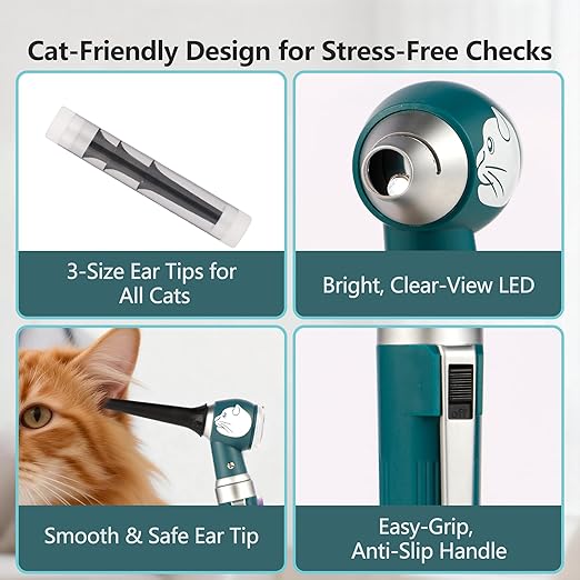 Veterinary LED Otoscope for Pets Cat-Design - Ear Infection Detector with Light, 6 Disposable Tips for Dogs & Cats, Portable Home Ear Checker (Green)