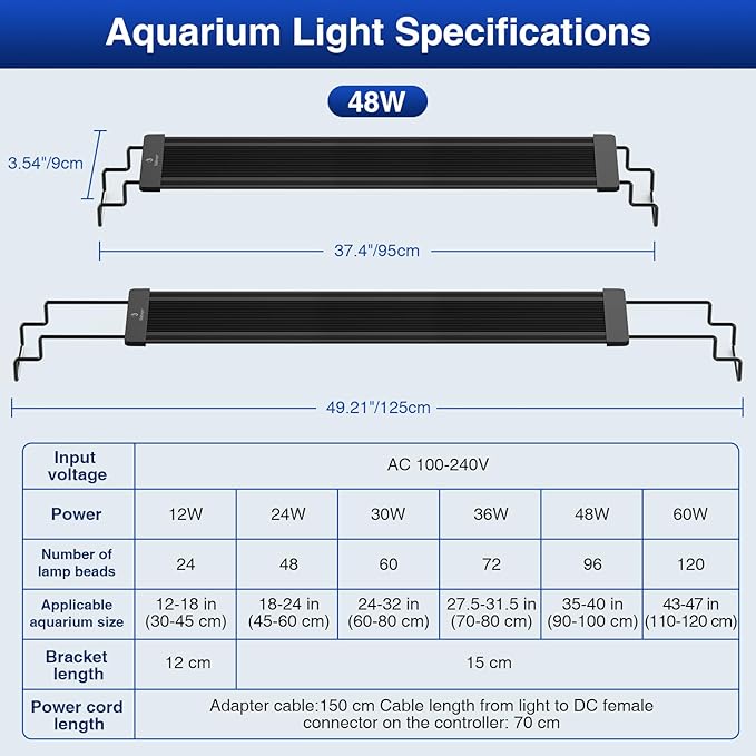 fishkeeper Aquarium Light, LED Fish Tank Lights with Auto Time Sync & 24/7, IP68 Waterproof Extendable Bracket DIY Full Sprctrum Aquarium Plant Lights with Timer/Dimming, Memory Function for 40-48inch